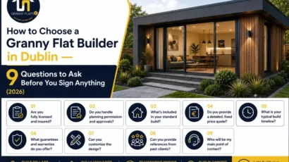 Modern granny flat in Dublin with the GrannyFlats.ie logo, illustrating a guide titled 'How to Choose a Granny Flat Builder in Dublin – 9 Questions to Ask Before You Sign Anything (2026)'. The image features a contemporary self-contained garden home representing quality construction, fixed pricing, planning support, and professional granny flat building services in Ireland