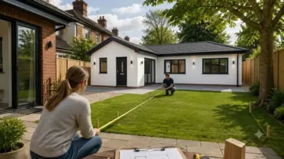 Homeowners-measuring-their-Dublin-garden-to-assess-whether-it-is-suitable-for-building-a-modern-granny-flat