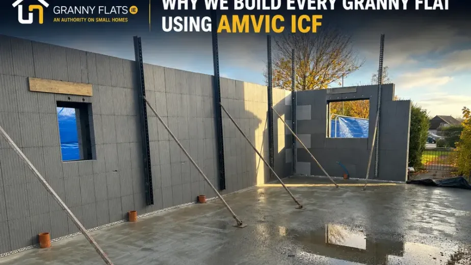 Amvic ICF granny flat under construction Dublin — insulated concrete formwork walls and concrete slab