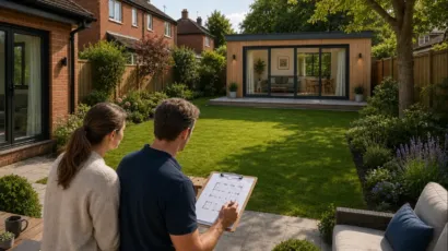Homeowner reviewing plans with a builder during the complete construction journey of a modern granny flat in a Dublin garden.