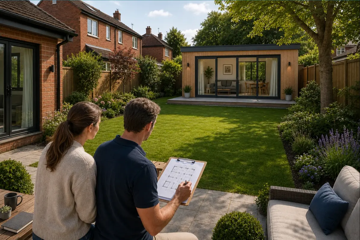 Homeowner reviewing plans with a builder during the complete construction journey of a modern granny flat in a Dublin garden.