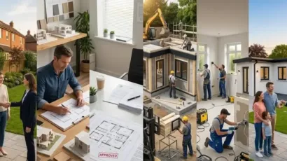 Homeowner reviewing plans with a builder during the complete construction journey of a modern granny flat in a Dublin garden.