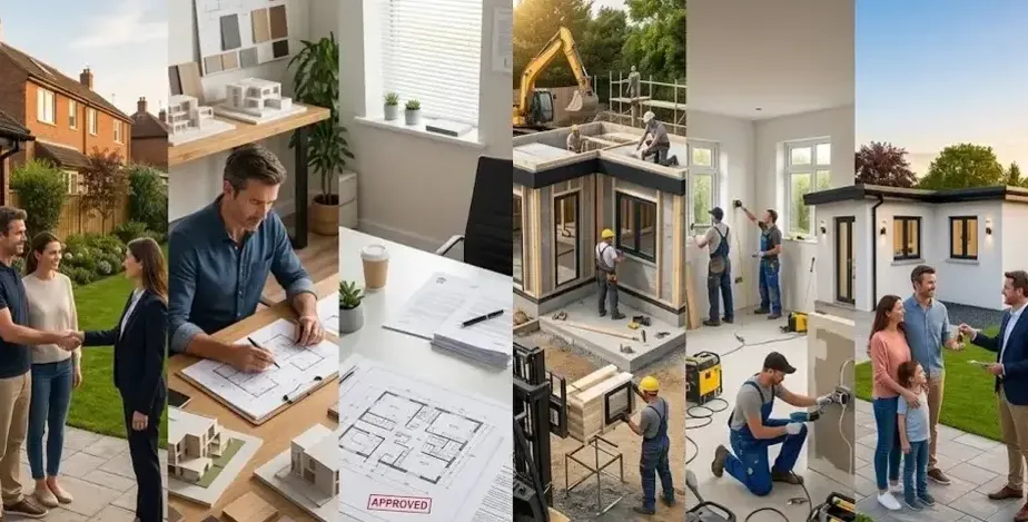 Homeowner reviewing plans with a builder during the complete construction journey of a modern granny flat in a Dublin garden.