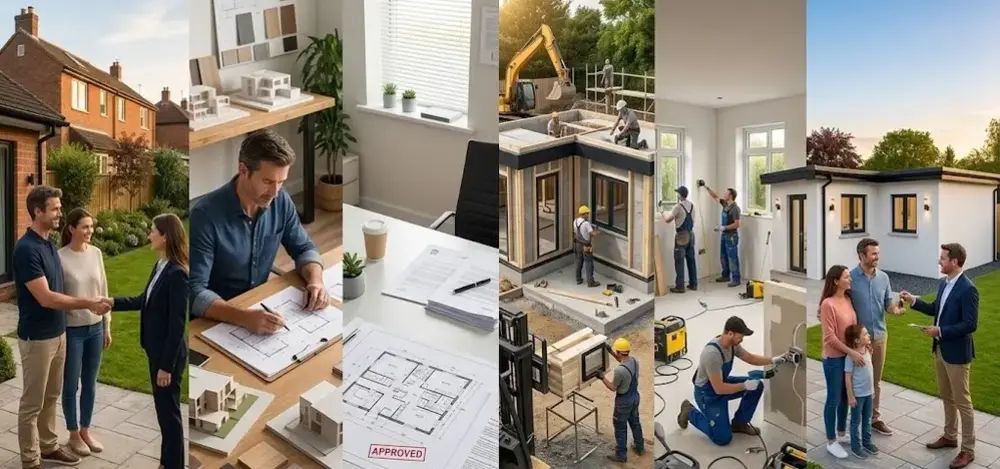 Homeowner reviewing plans with a builder during the complete construction journey of a modern granny flat in a Dublin garden.