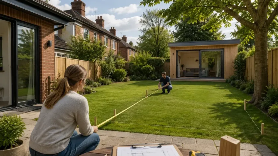 Homeowners measuring their Dublin garden to assess whether it is suitable for building a modern granny flat.