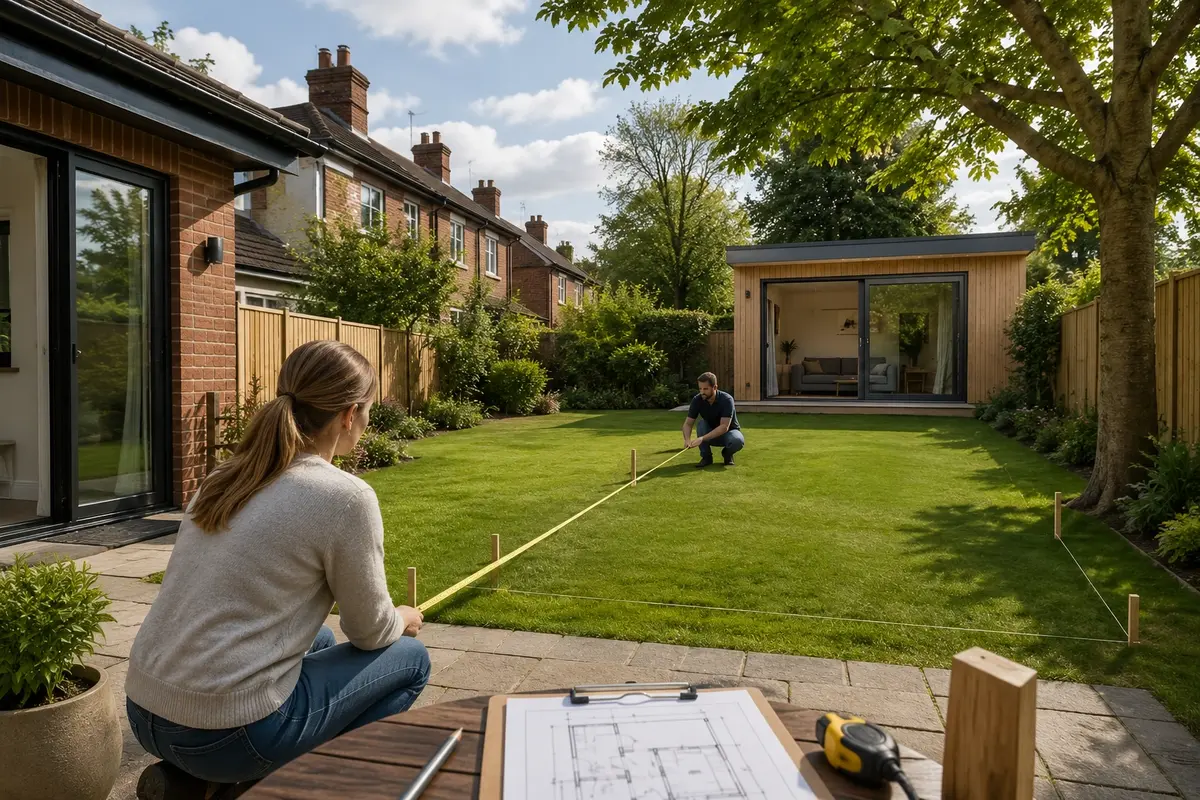 Homeowners measuring their Dublin garden to assess whether it is suitable for building a modern granny flat.