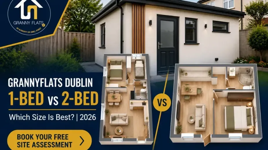 Grannyflats Dublin 1-bed and 2-bed floor plans showing different granny flat sizes and layouts
