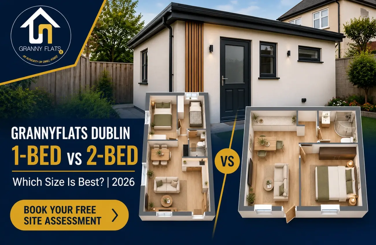 Grannyflats Dublin 1-bed and 2-bed floor plans showing different granny flat sizes and layouts